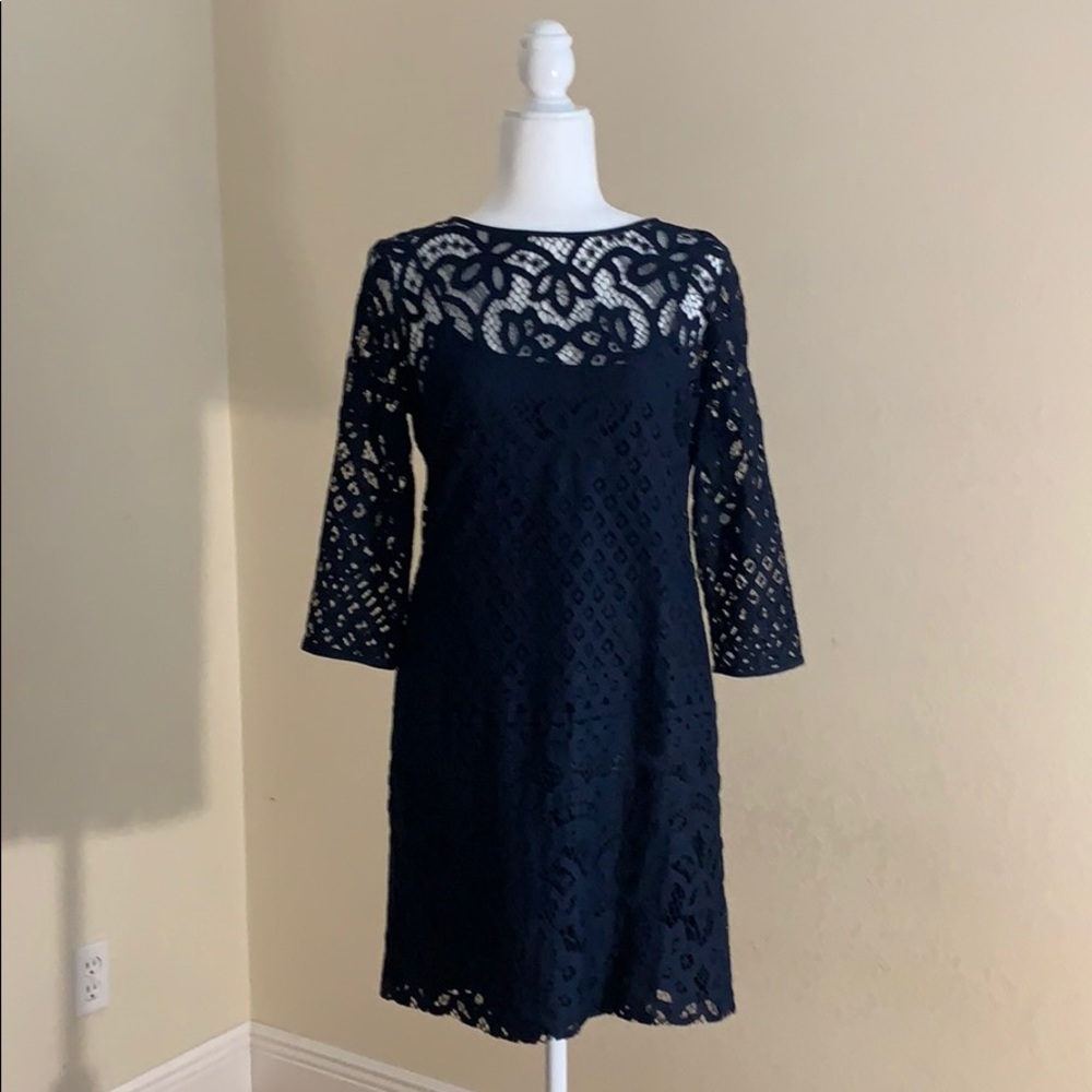 LOFT Shift Dress - Navy Crochet